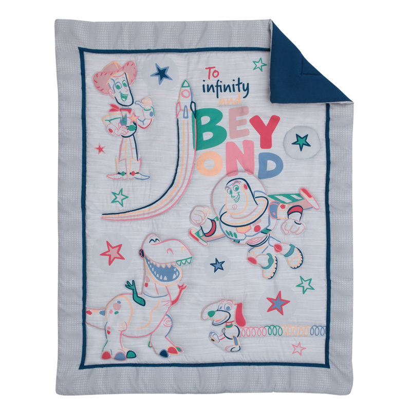 Disney NoJo Disney Toy Story Color Crazy Grey Blue Orange and Green To Infinity and Beyond Woody Buzz Lightyear Slinky Dog and Rex 3 Piece Nursery Crib Bedding Set Wayfair